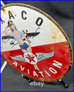 Vintage 1940''texaco Aviation'' Gas & Oil Pump Plate 12 Inches Porcelain Sign