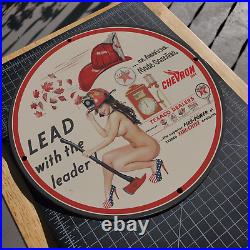 Vintage 1944 Chevron Texaco Fire-Chief Gasoline Porcelain Gas & Oil Pump Sign