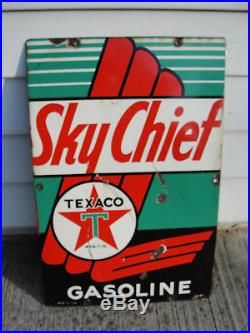 Vintage 1947 TEXACO SKY CHIEF GASOLINE Porcelain Enamel Gas Pump Sign 18 by 12