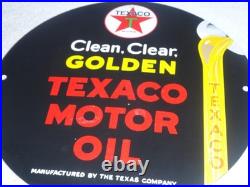 Vintage 1948 Clean, Clear Texaco Motor Oil 11 3/4 Porcelain Metal Gasoline Sign