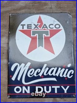 Vintage 1950's Texaco Mechanic On Duty Porcelain Gas Station Pump Sign 16 X 12
