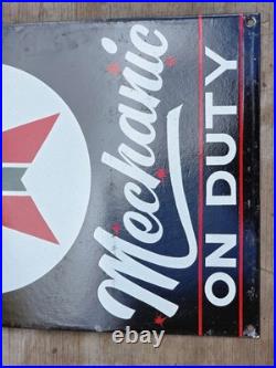 Vintage 1950's Texaco Mechanic On Duty Porcelain Gas Station Pump Sign 16 X 12