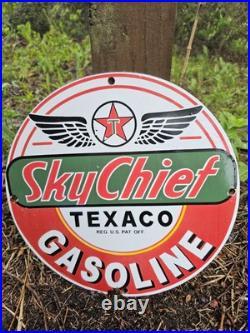 Vintage 1950's Texaco Sky Chief Gasoline Porcelain Gas Station Pump Sign, Nice