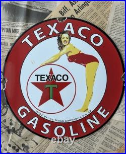 Vintage 1952 Texaco Gasoline Pump Station Pin-up 12 Inch Porcelain Enamel Sign