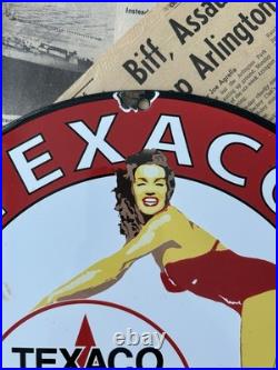 Vintage 1952 Texaco Gasoline Pump Station Pin-up 12 Inch Porcelain Enamel Sign