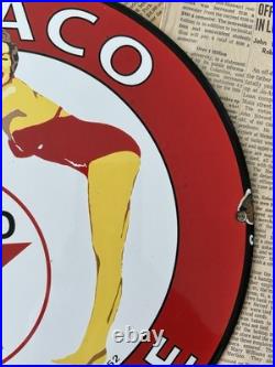 Vintage 1952 Texaco Gasoline Pump Station Pin-up 12 Inch Porcelain Enamel Sign