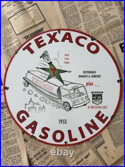 Vintage 1953 Texaco Gasoline Service Gas Oil Pump 12 Inch Porcelain Enamel Sign