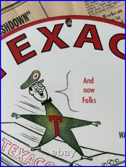 Vintage 1953 Texaco Gasoline Service Gas Oil Pump 12 Inch Porcelain Enamel Sign