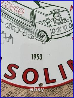 Vintage 1953 Texaco Gasoline Service Gas Oil Pump 12 Inch Porcelain Enamel Sign