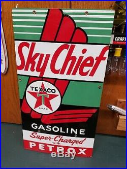 Vintage 1955 TEXACO Sky Chief Super Charged Petrox Porcelain Gas Pump Sign EXC+