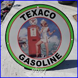 Vintage 1955 Texaco Gasoline Fuel Filling Station Porcelain Gas & Oil Pump Sign