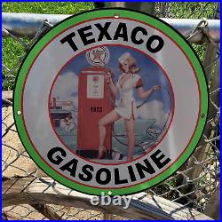 Vintage 1955 Texaco Gasoline Fuel Filling Station Porcelain Gas & Oil Pump Sign