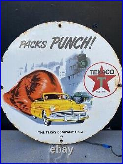 Vintage 1957 Texaco Porcelain Sign Oil And Gas Pump Boxing Texas Car Petroliana