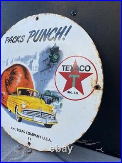 Vintage 1957 Texaco Porcelain Sign Oil And Gas Pump Boxing Texas Car Petroliana