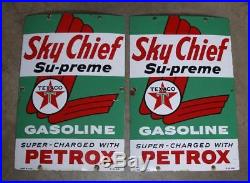 Vintage 1959 TEXACO Sky Chief Supreme Gasoline Porcelain Gas Pump Signs