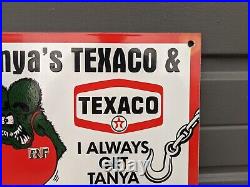 Vintage 1963 Tanya's Texaco Towing Porcelain Metal Gas Pump Sign Hot Rod