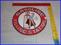 Vintage 1964 Texaco Filling Station Gasoline Pump Woman Porcelain Metal Oil Sign