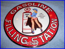 Vintage 1964 Texaco Filling Station Gasoline Pump Woman Porcelain Metal Oil Sign