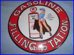 Vintage 1964 Texaco Filling Station Gasoline Pump Woman Porcelain Metal Oil Sign