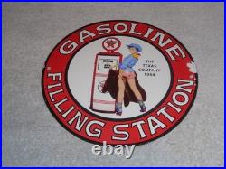 Vintage 1964 Texaco Filling Station Gasoline Pump Woman Porcelain Metal Oil Sign