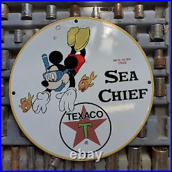 Vintage 1965 Texaco Sea Chief Gasoline Fuel Porcelain Gas & Oil Pump Sign