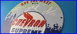 Vintage Chevron Gasoline Sign West Supreme Gas Pump Service Porcelain Sign Vintage Chevron Gasoline Sign West Supreme Gas Pump Service Porcelain Sign