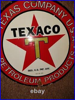 Vintage Dated 1933 Texaco Gasoline Motor Oil Porcelain Gas Station Pump Sign