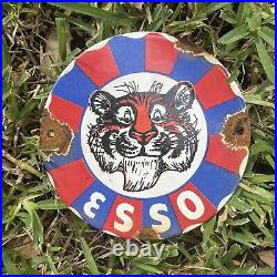 Vintage Esso Porcelain Sign Tiger Power 6 Pump Plate Adverting Gas Oil Metal