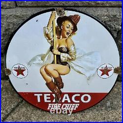 Vintage Gasoline Sign Texaco Fire Chief Girl Fighter Gas Pump Porcelain Sign