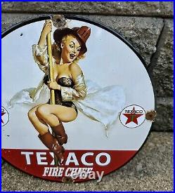 Vintage Gasoline Sign Texaco Fire Chief Girl Fighter Gas Pump Porcelain Sign