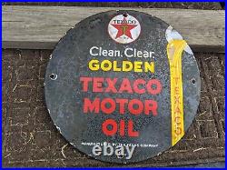 Vintage Old Texaco Golden Gasoline Motor Oils Porcelain Enamel Gas Pump Oil Sign