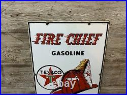 Vintage Original 1961 TEXACO FIRE CHIEF Porcelain Gas Pump Plate Sign NICE
