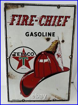 Vintage Original Texaco Fire Chief Hat Porcelain Pump Plate Gasoline Sign 1947