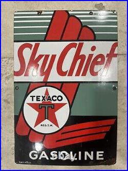 Vintage Sky Chief Texaco Porcelain Pump Plate Sign Gasoline Oil Grommets Intact