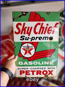 Vintage TEXACO SKY-CHIEF Old PORCELAIN ENAMEL GAS STATION Pump SIGN