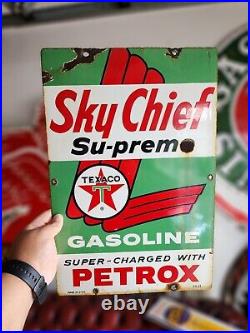 Vintage TEXACO SKY-CHIEF Old PORCELAIN ENAMEL GAS STATION Pump SIGN