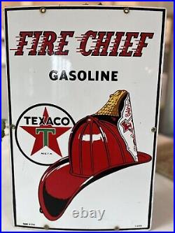 Vintage Texaco Fire Chief Gas Pump Plate Porcelain Sign Authentic Original 1955