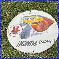 Vintage Texaco Gasoline 12 Porcelain Metal Packs Punch Ad Gas & Oil Pump Sign