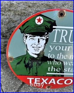 Vintage Texaco Gasoline Gas Pump Plate Station Sign Porcelain Sign