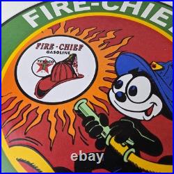 Vintage Texaco Gasoline Porcelain Felix The Cat Firefighter Gas Pump Plate Sign
