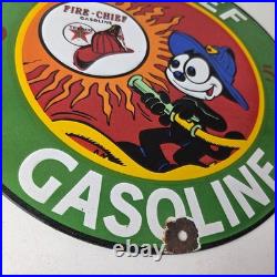 Vintage Texaco Gasoline Porcelain Felix The Cat Firefighter Gas Pump Plate Sign