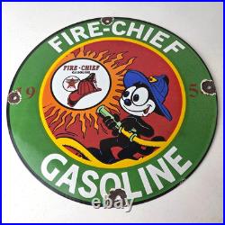 Vintage Texaco Gasoline Porcelain Felix The Cat Firefighter Gas Pump Plate Sign
