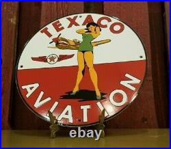 Vintage Texaco Gasoline Porcelain Gas Pin Up Girl Service Airplane Pump Sign 12