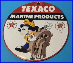 Vintage Texaco Gasoline Porcelain Mickey Mouse Marine Products Gas Oil Pump Sign