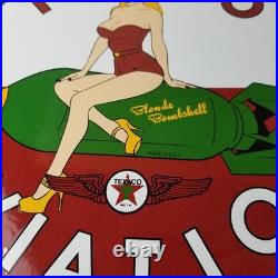 Vintage Texaco Gasoline Sign Blonde Bombshell Gas Pump Ad Porcelain Sign
