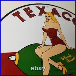 Vintage Texaco Gasoline Sign Blonde Bombshell Gas Pump Ad Porcelain Sign