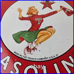 Vintage Texaco Gasoline Sign Cheerleader Gas Pump Advertisement Porcelain Sign