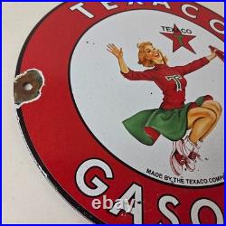Vintage Texaco Gasoline Sign Cheerleader Gas Pump Advertisement Porcelain Sign