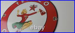 Vintage Texaco Gasoline Sign Cheerleader Gas Pump Advertisement Porcelain Sign Vintage Texaco Gasoline Sign Cheerleader Gas Pump Advertisement Porcelain Sign