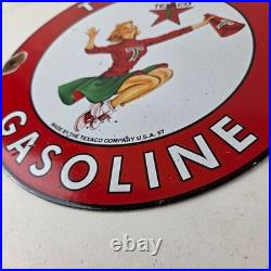 Vintage Texaco Gasoline Sign Cheerleader Gas Pump Advertisement Porcelain Sign